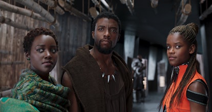 Actors Lupita Nyong'o, Chadwick Boseman and Letitia Wright in the Marvel film Black Panther