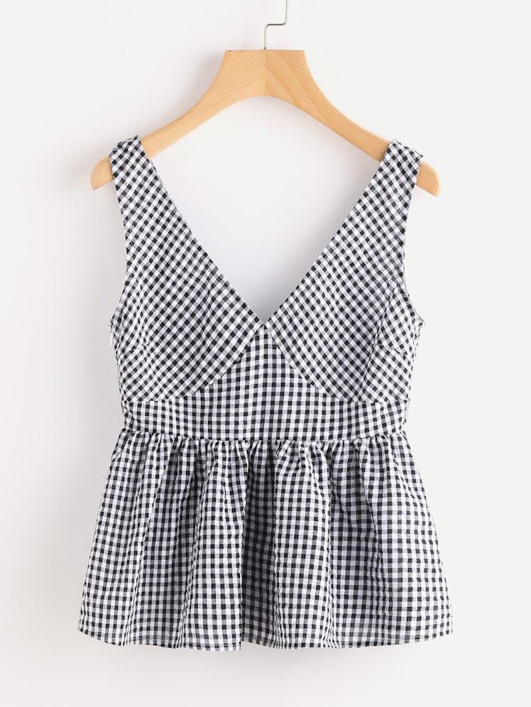 SHEIN Double Plunge Neck Gingham Peplum Shell Top