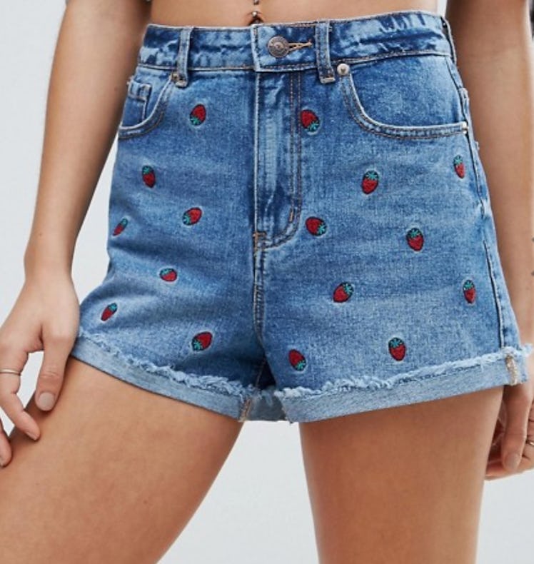 ASOS New Look Strawberry Embroidered Denim Shorts