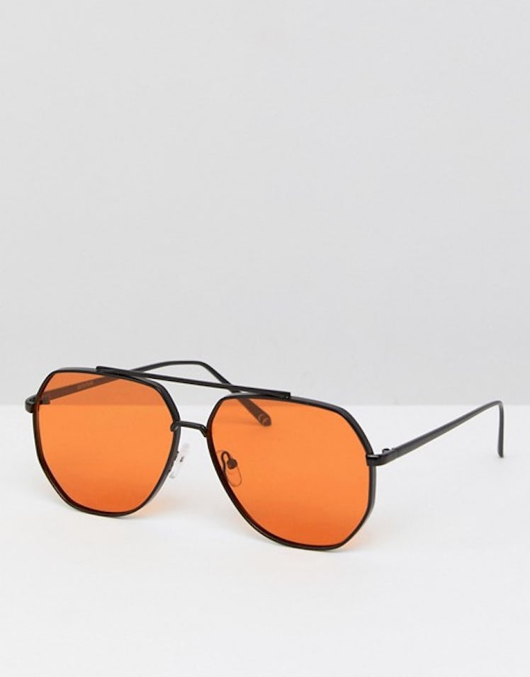 ASOS Black Metal Aviator Fashion Sunglasses With Orange Lens