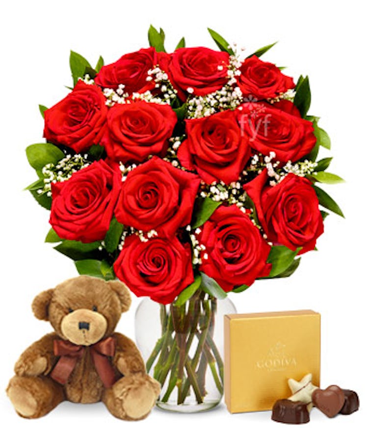 One Dozen Long Stemmed Red Roses with Godiva Chocolates & Bear
