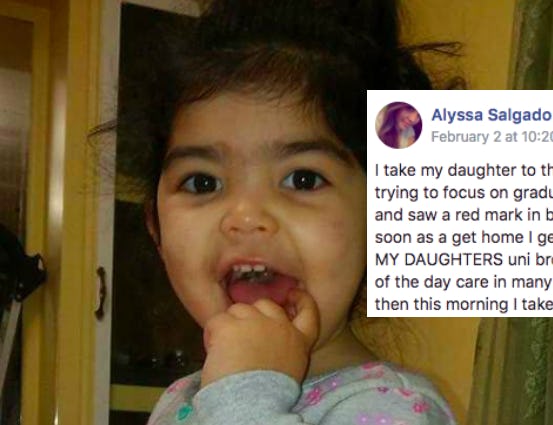 Collage of a little girl and a Facebook post of Alyssa Salgado about a daycare worker that waxed her...