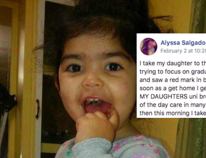Collage of a little girl and a Facebook post of Alyssa Salgado about a daycare worker that waxed her...