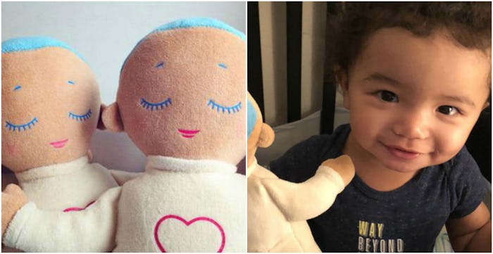 Side by side photos of the Lulla sleep companion dolls and a little kid who has one 