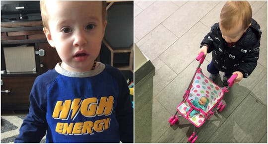 A young toddler son playing with a pink girl stroller toy