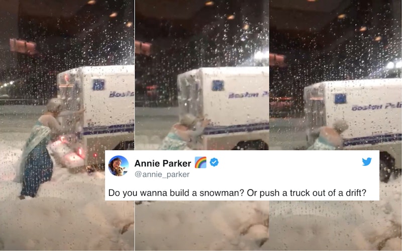 This Video Of A Man Dressed As Elsa Singlehandedly Shoving A Boston Police Wagon Out Of The Snow 