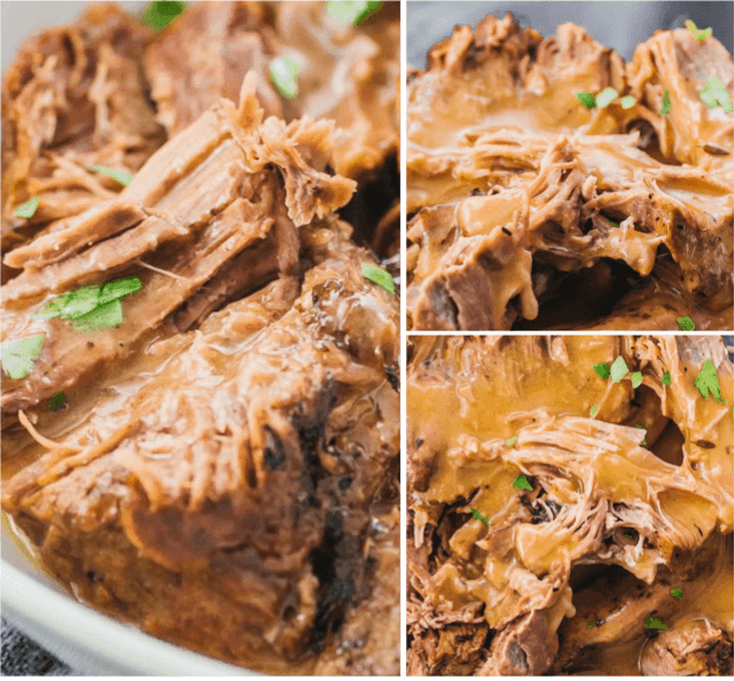 Collage of Instant Pot leg of lamb with gravy photos