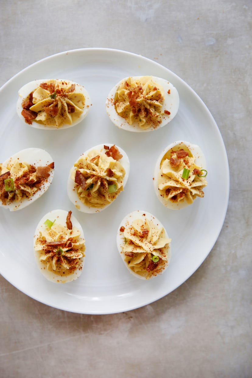 Six Instant Pot deviled eggs served on a plate