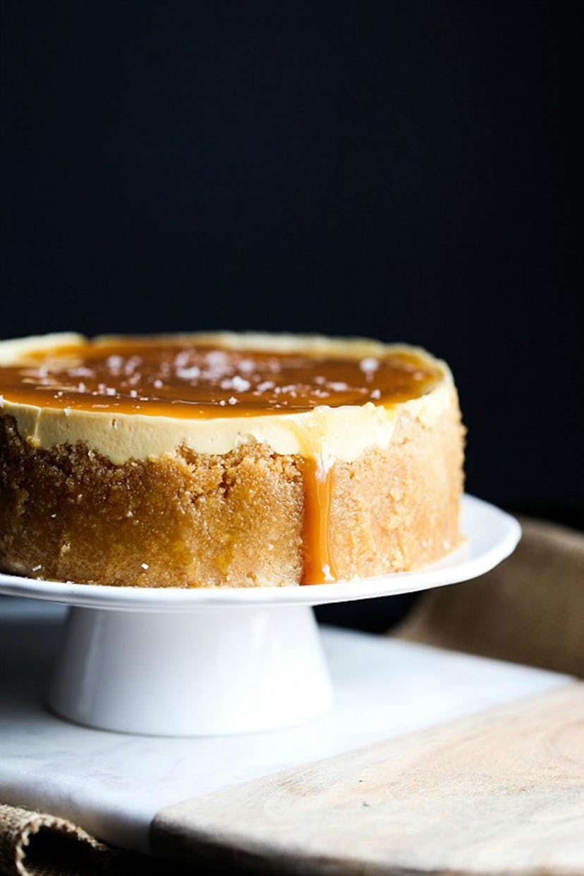 Instant Pot salted caramel cheesecake served on a cake plate