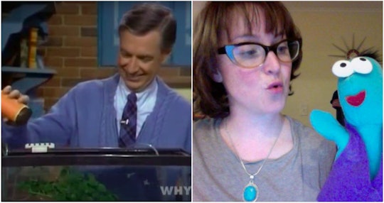 Collage of Mister Fred Rogers during his host show and a woman that dealt with postpartum panic play...