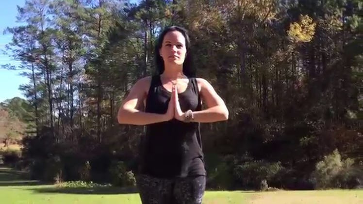Finish your spring equinox yoga flow with a hands at heart mountain pose.