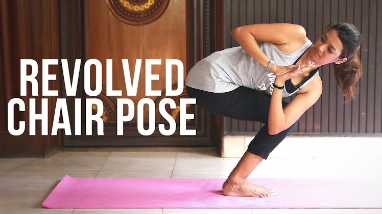 Revolved chair is one of the poses in a spring yoga sequence.