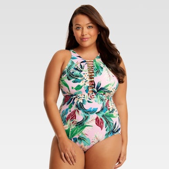 Floral High Neck Strappy One Piece Swimsuit