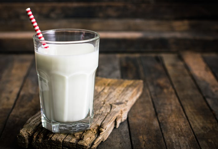 Glass of milk on a wood board