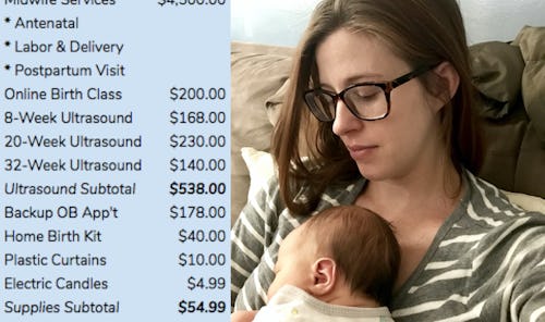 A woman and her baby with the expenses of a home birth side by side