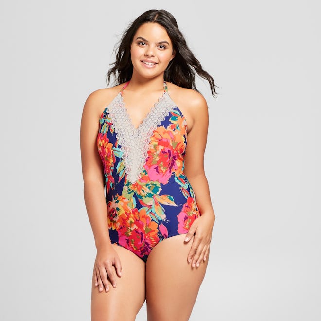 Sea Angel Women's Plus Size Floral Lace Halter One Piece Swimsuit