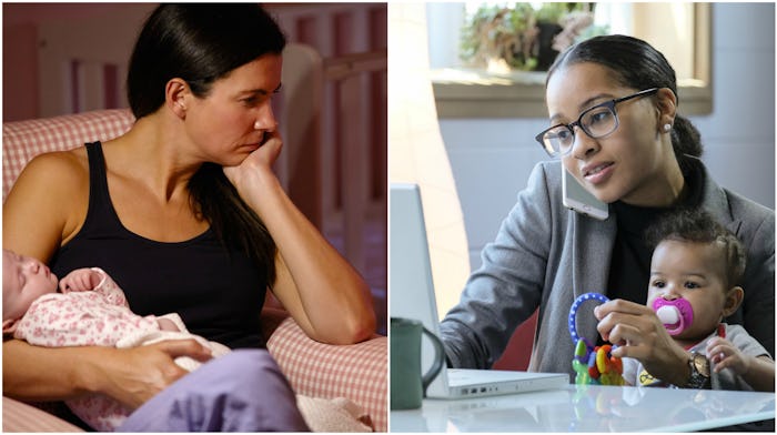 Collage of two working moms sitting with their babies