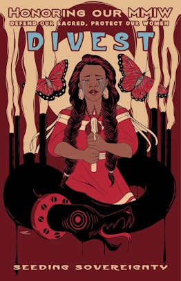 A red illustration banner with an Indigenous woman crying and holding a candle with "HONORING OUR MM...
