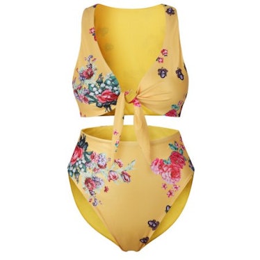 Womens Two Piece Swimsuits High Waisted Bikini Floral Print Tie Knot Front Bathing Suit