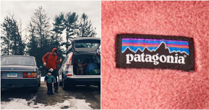 A two-part collage of a dad with his child next to an open car and the Patagonia brand tag