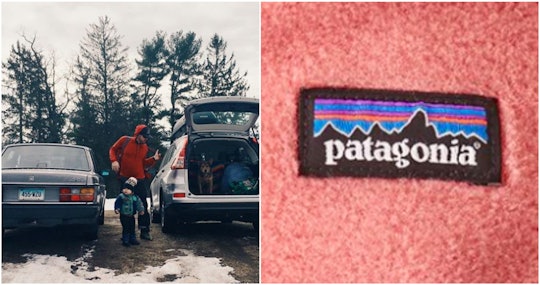 A two-part collage of a dad with his child next to an open car and the Patagonia brand tag