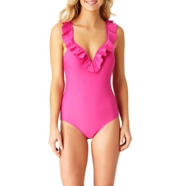 Time and Tru Women's Solid Ruffle One-Piece Swimsuit