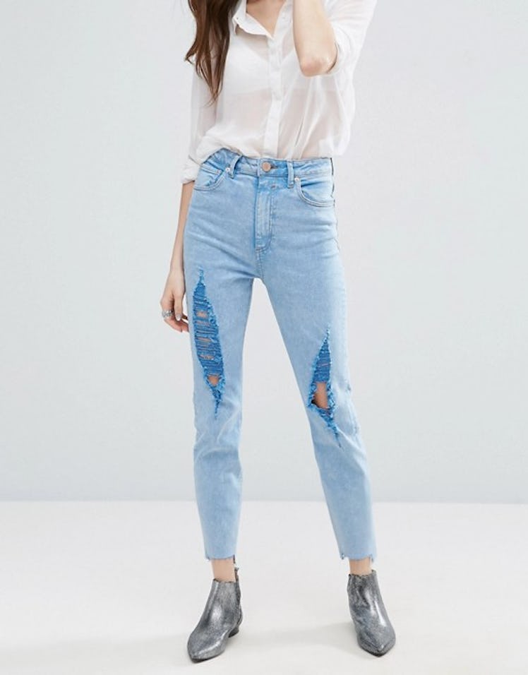 ASOS FARLEIGH High Waist Slim Mom Jeans In Fran Light Mottled Wash with Super Busts and Stepped Hem