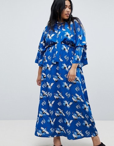 Yumi Plus Frill Sleeve Maxi Dress in Heron Print