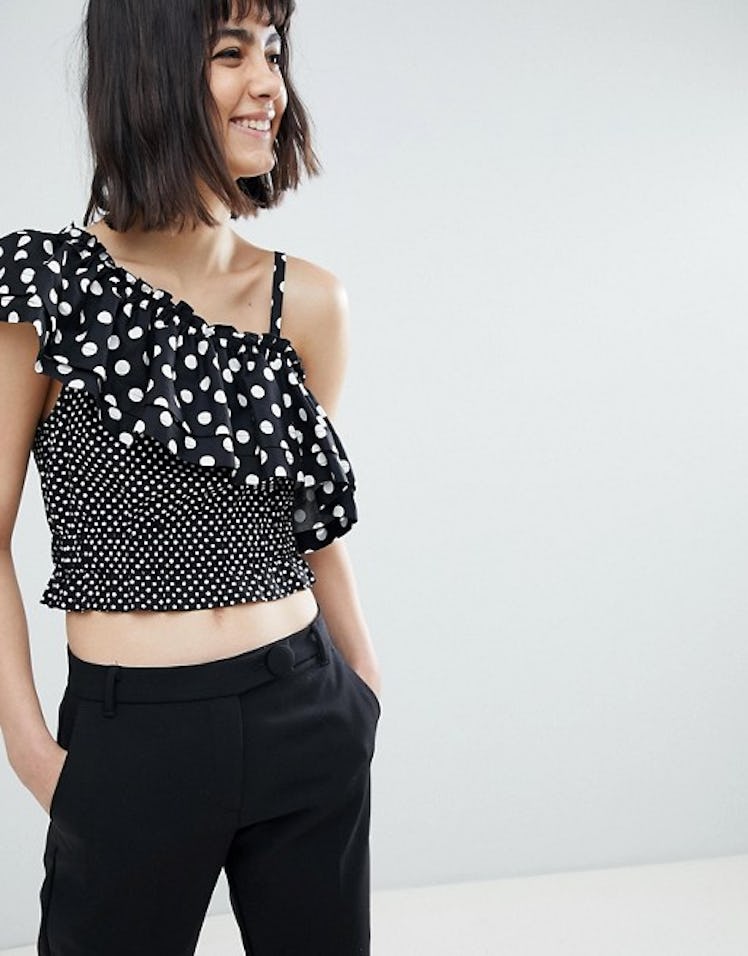 River Island One Shoulder Mixed Polka Dot Cropped Blouse