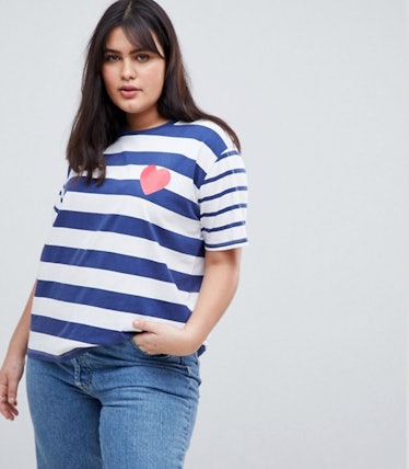 ASOS DESIGN Curve T-Shirt In Mix And Match Stripe With Heart Print