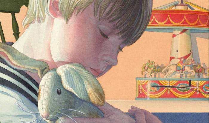 An illustration of a boy holding a rabbit in 'The Velveteen Rabbit'