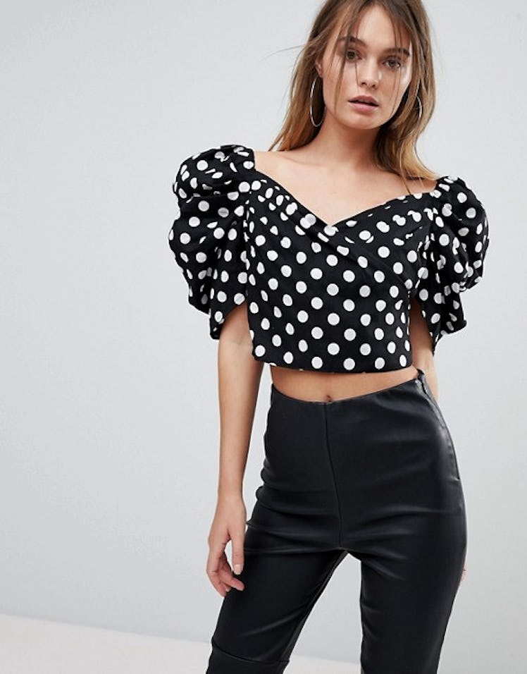 Missguided Puff Sleeve Polka Dot Pleated Crop Top