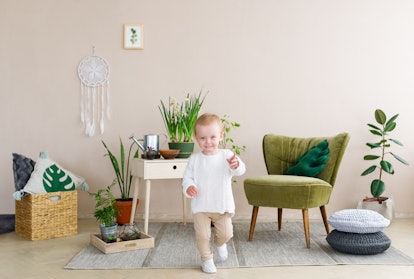 A toddler standing in a living room full of house plants