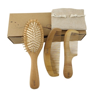 VKCB Natural Wood Hair Brush, Scalp Comb and Peach Wood Beard Comb Set