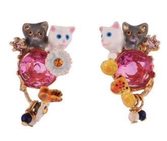 Little Cats Duo With Faceted Glass And Charms Earrings