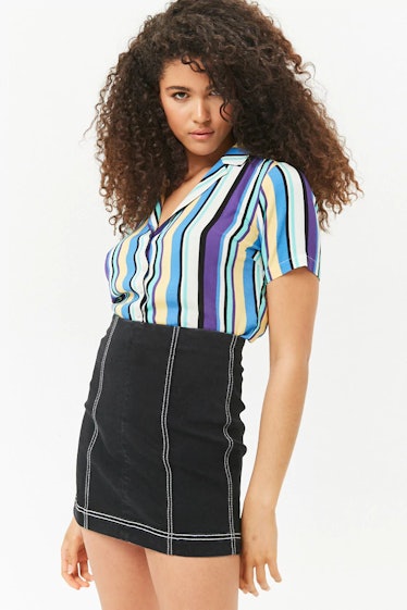 Contrast Top-Stitch Denim Mini Skirt