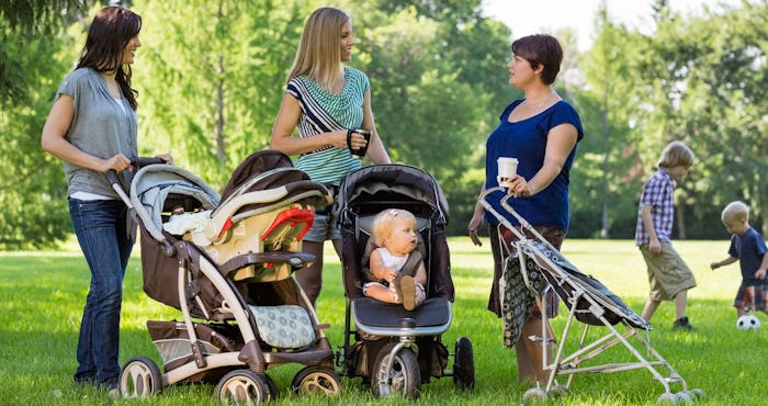 Mom squad with their kids and strollers in the park