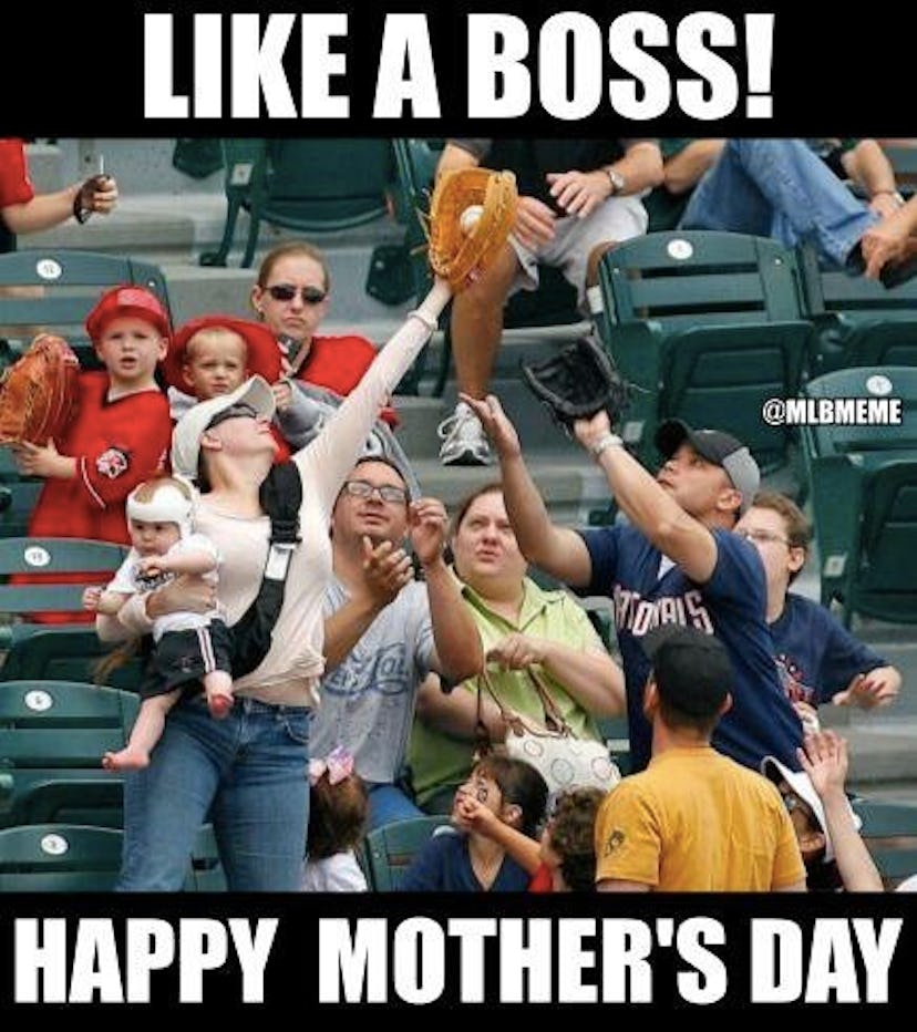 A meme of a woman catching a baseball ball while holding her baby in her arms