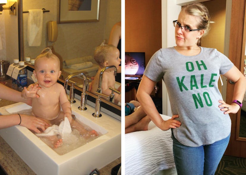 Collage of Crystal Henry's baby getting showered in a sink and Crystal Henry wearing a grey shirt wi...