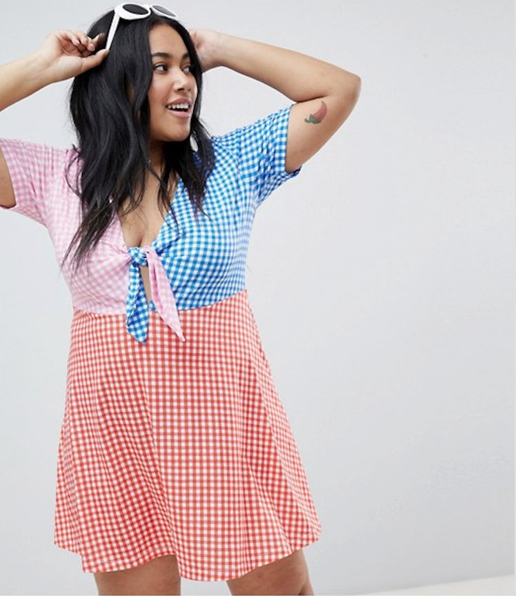 Curve mini skater sundress with tie front in color block gingham