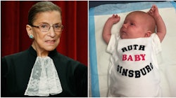 A two-part collage with Ruth Bader Ginsburg and a baby in an overall with the text 'RUTH BABY GINSBU...