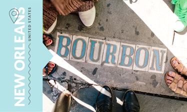 Four pairs of feet surrounding a text on the floor 'BOURBON' in New Orleans