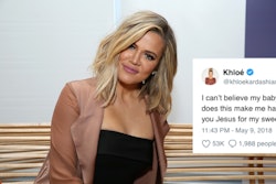 Collage of Khloé Kardashian and her first tweet after having her baby