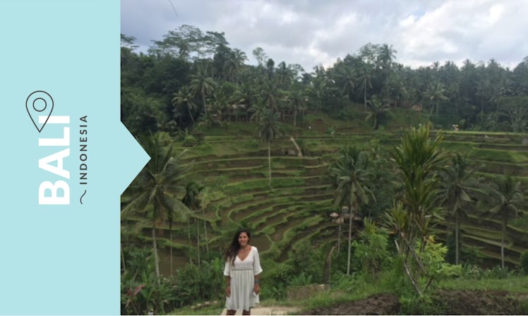 A woman posing in the terrace rice fields in Bali, Indonesia.