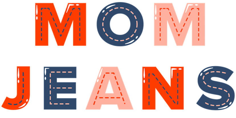 "Mom jeans" text sign on a white background