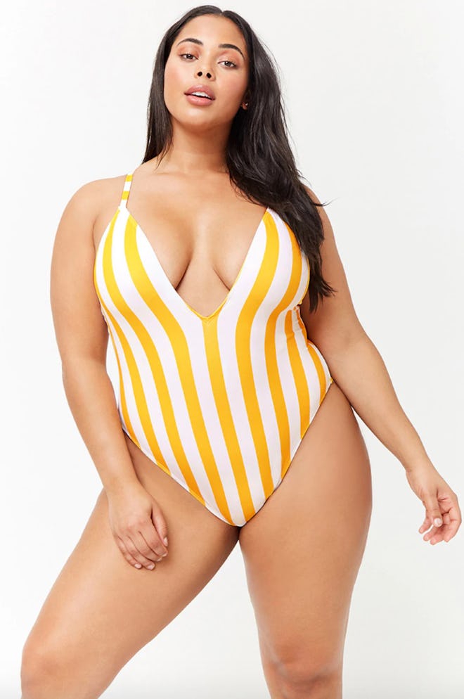 Plus Size Striped Plunging One-Piece Swimsuit