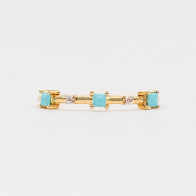 Square Stone Stacking Ring With Diamond & Turquoise