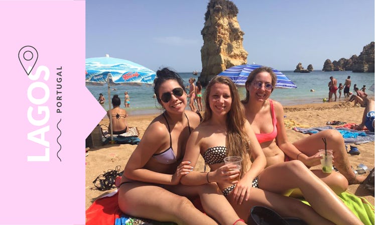 Three young women on a beach in Lagos, Portugal.
