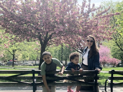 Mom and her two kids enjoying the spring day
