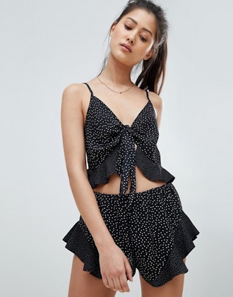 ASOS DESIGN Polka Frill Edge Knot Front Cami & Short 